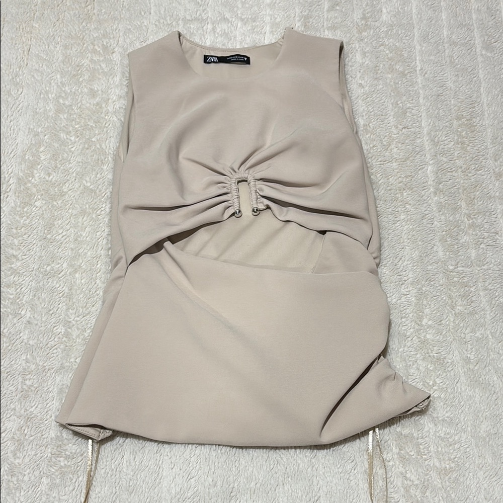 Zara Tan Sleeveless Tank Top with Tie Front and Cut Out